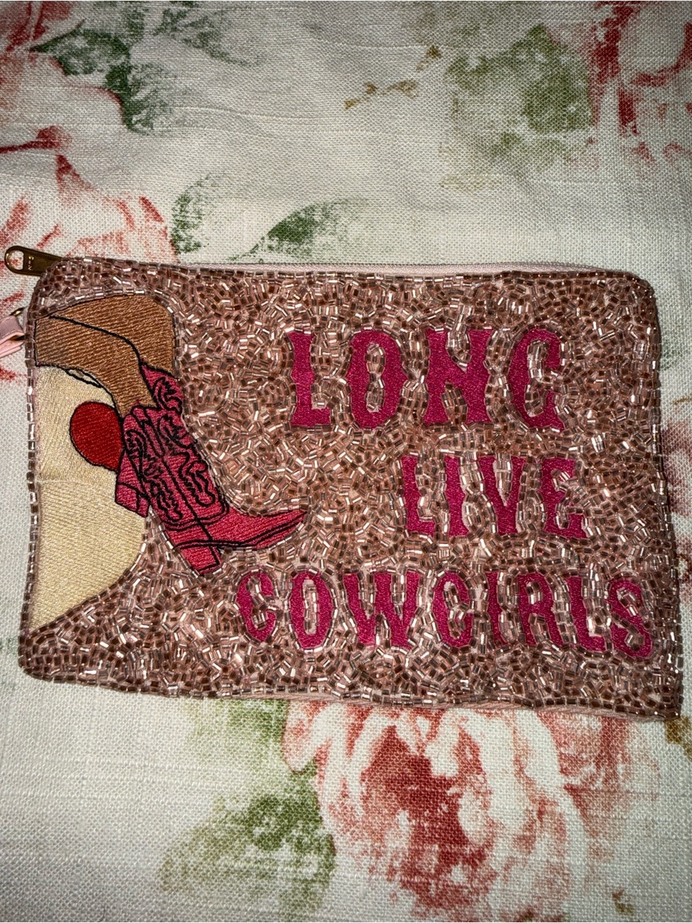 Beaded 'Long Live Cowgirls' Zip Card Pouch - Pink